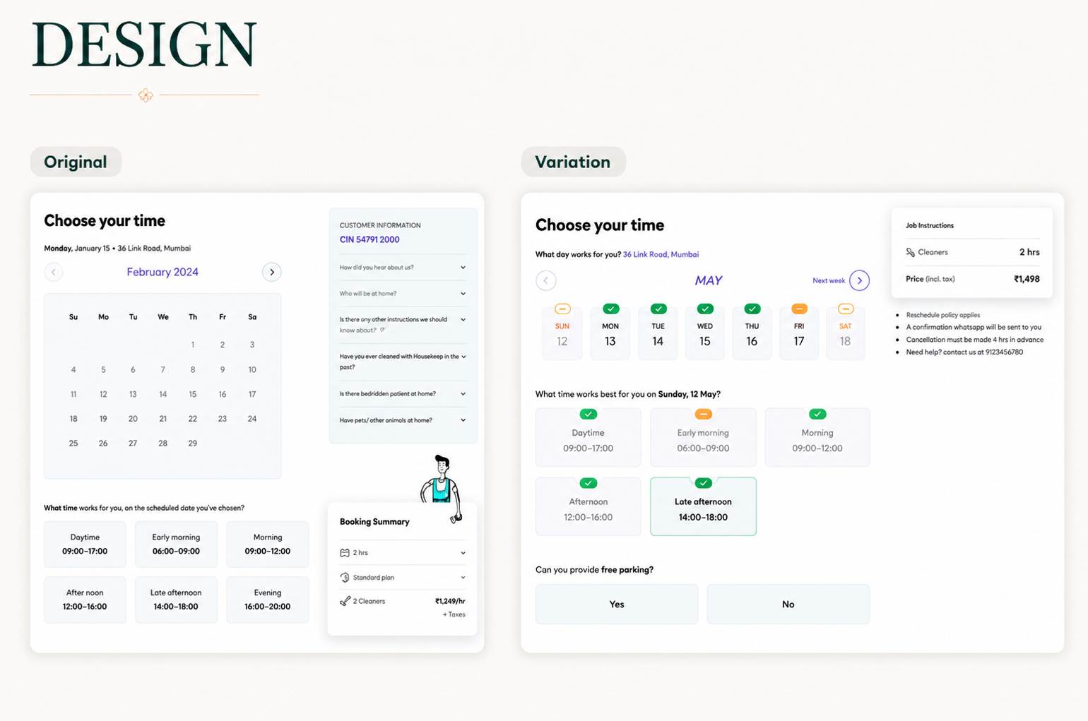 Side-by-side comparison from the Housekeep × OptiPhoenix case study showing the original and redesigned calendar and pricing interface, highlighting an optimized booking flow that increased booking completions by 34.83%.