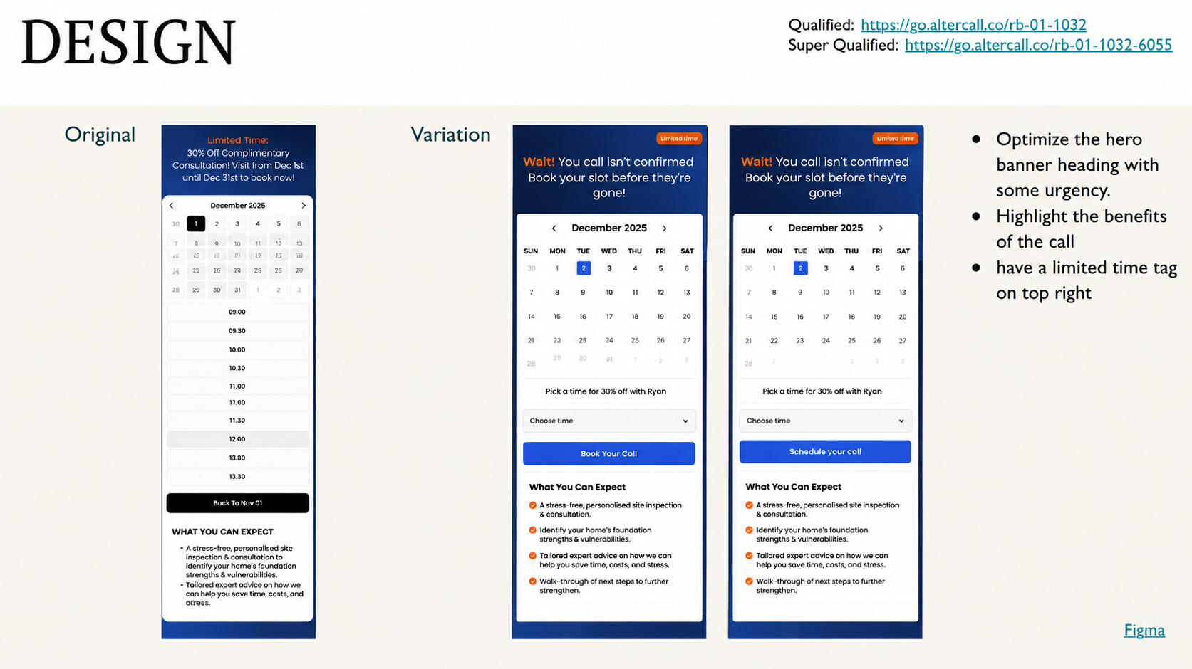Comparison slide showing the original and redesigned AlterCall calendar booking page with two variation mockups highlighting urgency messaging, limited-time banner, call benefits, and booking flow improvements.