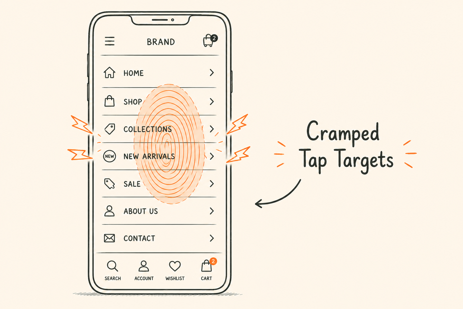 Mobile navigation interface demonstrating cramped tap targets and crowded menu design that create usability friction and lower mobile conversions.