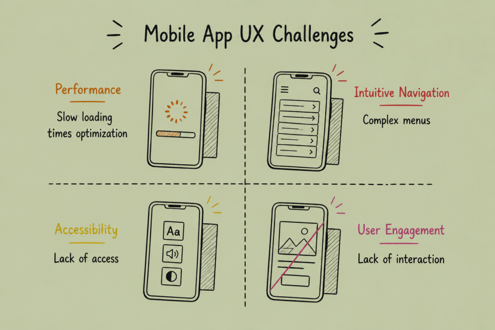 Diagram highlighting key mobile UX issues including slow loading, confusing navigation, poor accessibility, and low user engagement that reduce mobile conversion rates.