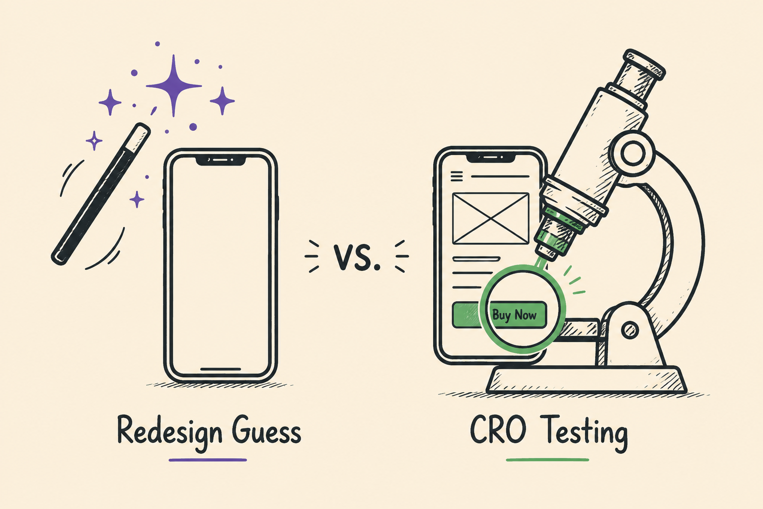 Illustration comparing redesign assumptions with CRO testing, showing why data-driven mobile experience optimization outperforms redesign guesses for improving mobile conversions.