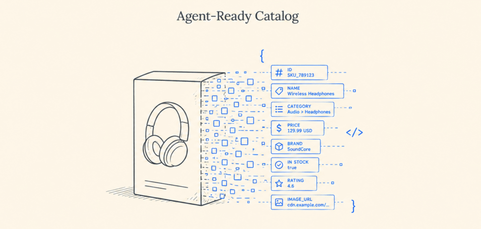 Illustration of an AI-ready product catalog showing a headphone product box connected to structured attributes such as SKU, category, price, brand, stock status, rating, and image URL for agentic commerce.