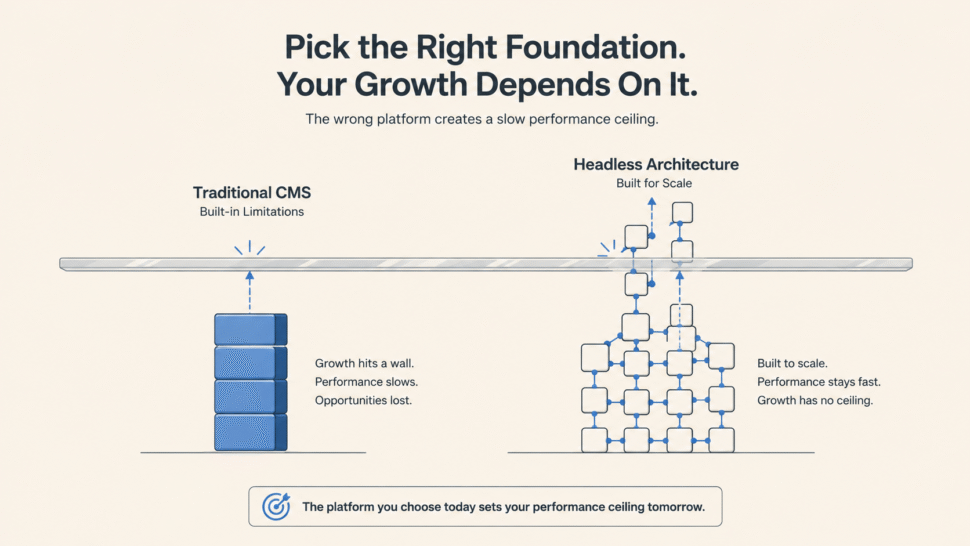 Comparison diagram showing a traditional CMS reaching performance limitations while a headless architecture scales efficiently to support faster websites and long-term growth.