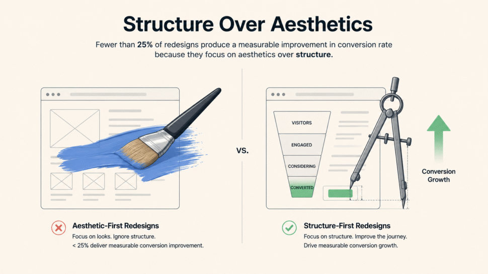 Comparison between aesthetic-first and structure-first website redesigns, highlighting how conversion-focused page structure and user journey optimization outperform purely visual redesigns.