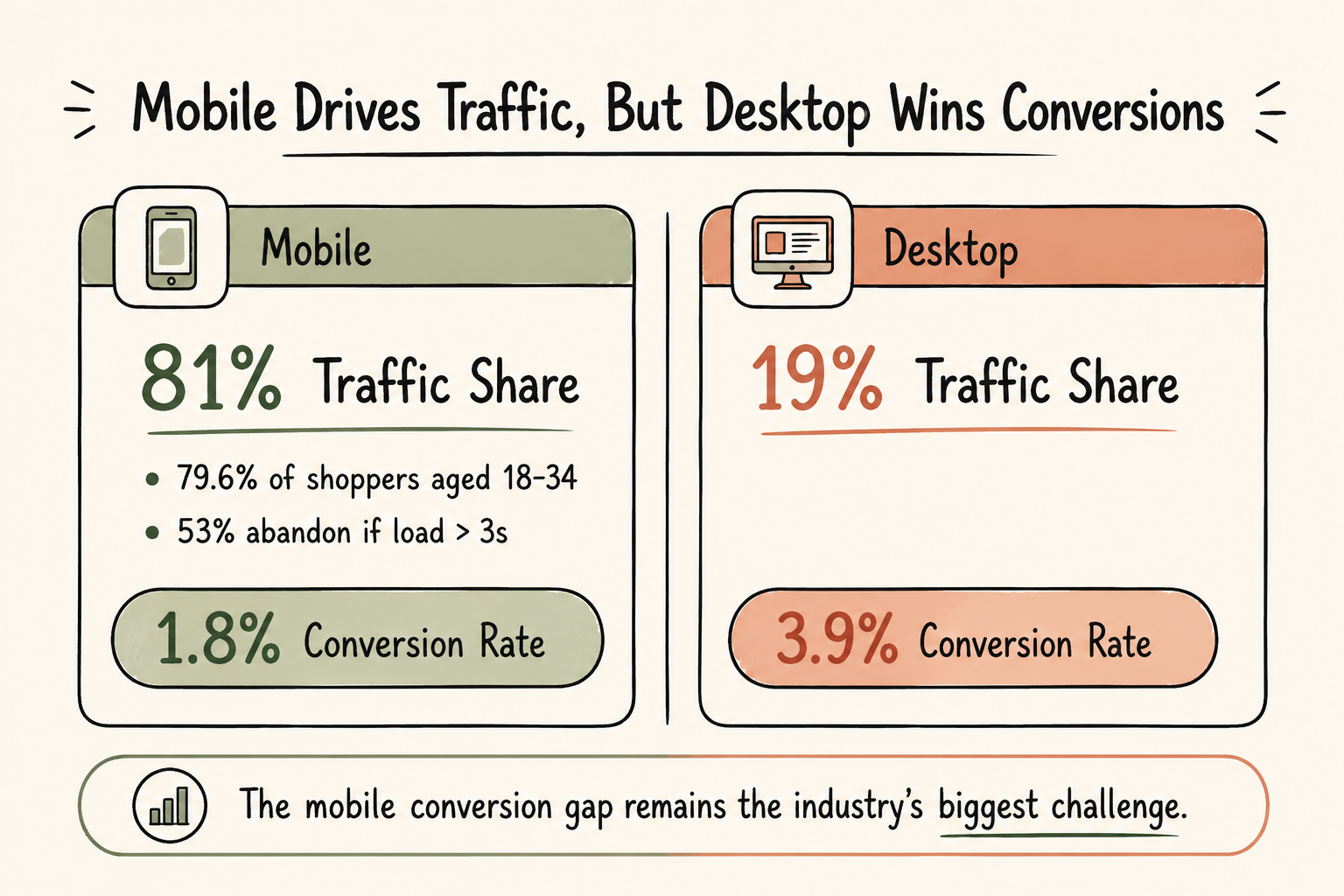 Infographic comparing mobile traffic share and conversion rate with desktop performance, illustrating the mobile conversion gap in digital commerce.