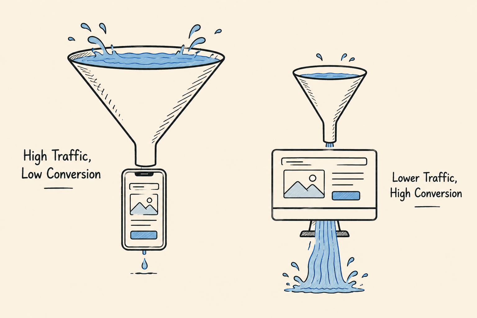 Funnel illustration comparing high mobile traffic with low conversion rates against lower desktop traffic with stronger conversion performance.