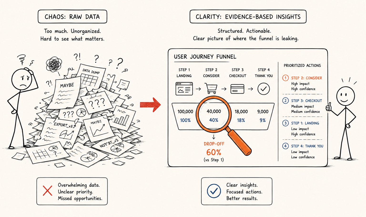 Illustration comparing chaotic website analytics with a structured conversion rate audit showing funnel analysis, user drop-offs, and prioritized optimization opportunities.