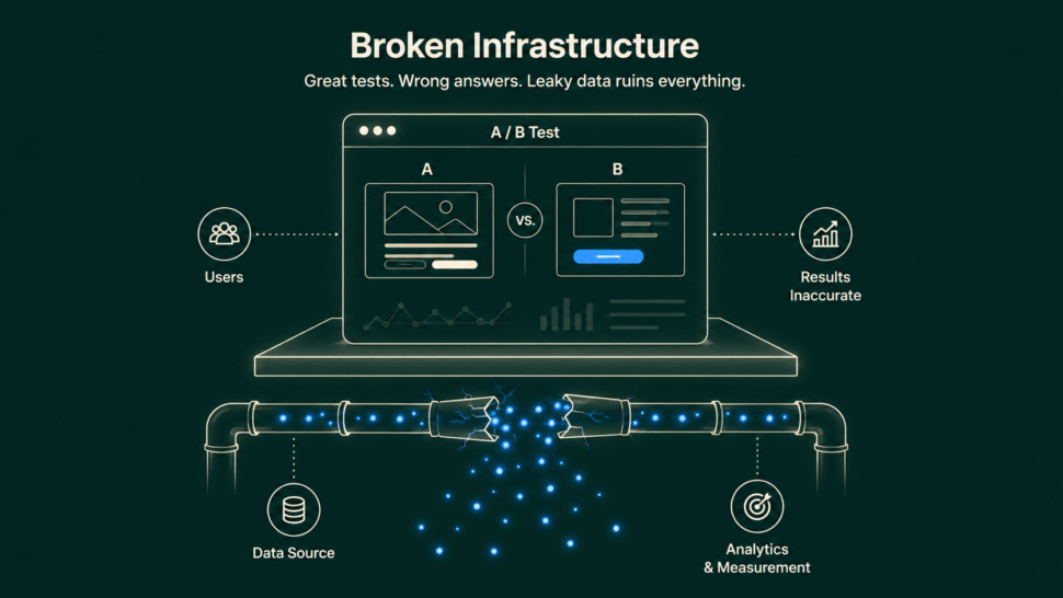 Diagram illustrating how broken analytics infrastructure and data leaks result in inaccurate A/B testing outcomes despite correctly running experiments.
