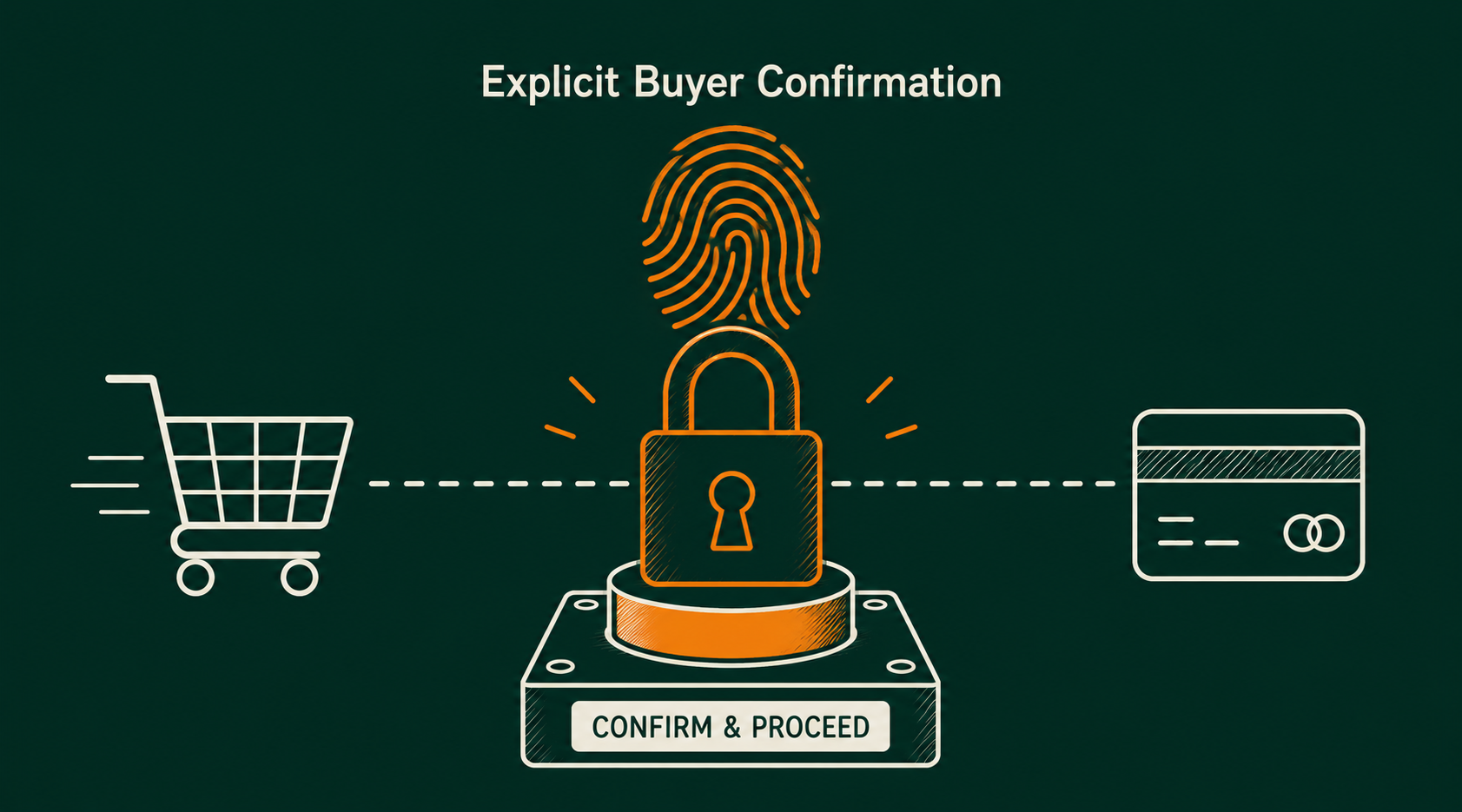 Diagram illustrating explicit buyer confirmation before checkout with AI agent, shopping cart, payment card, and secure approval step.