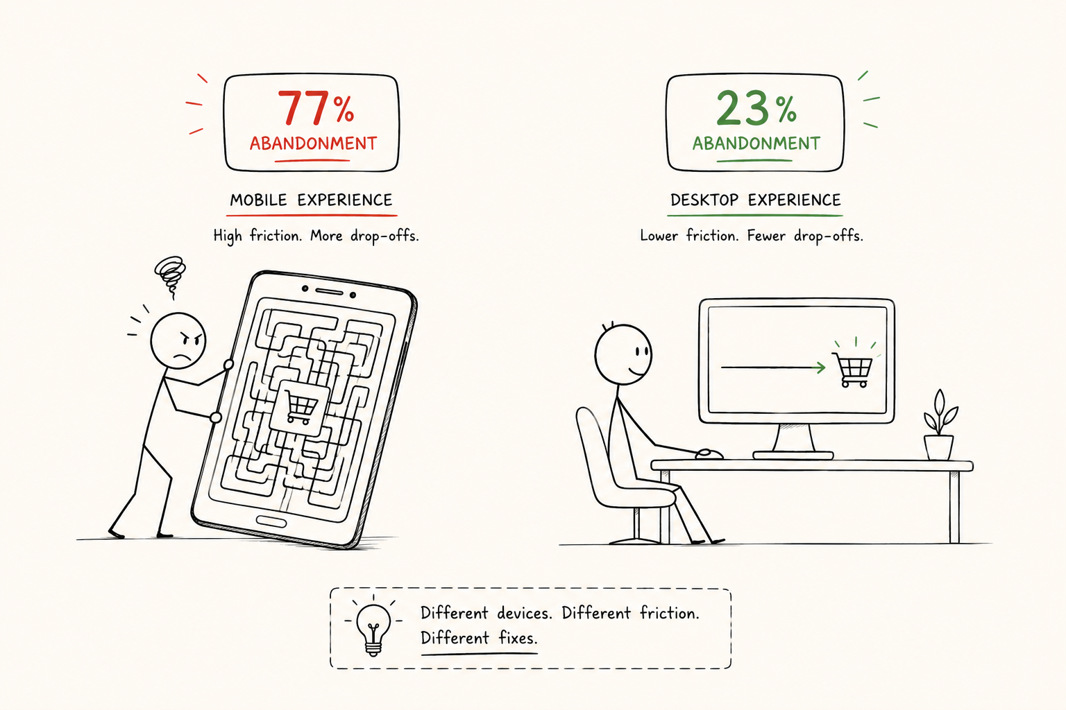 Comparison of mobile and desktop checkout experiences showing higher cart abandonment on mobile due to usability friction and smoother conversions on desktop.