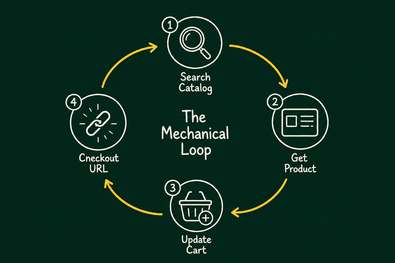 Flowchart showing the Shopify MCP shopping loop from search catalog to product retrieval, cart update, and checkout URL generation.
