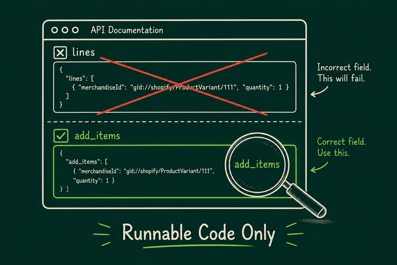 Illustration highlighting the correct update_cart add_items field instead of the incorrect lines parameter in Shopify MCP API documentation.