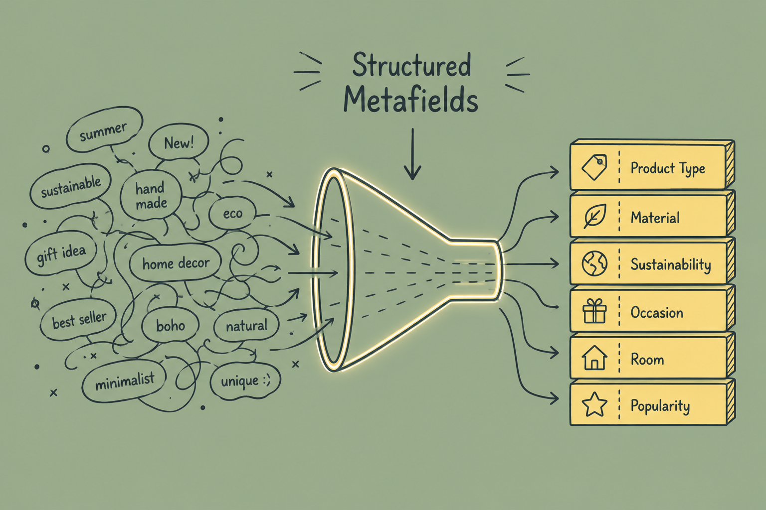 Funnel illustration converting unstructured product tags into structured metafields including product type, material, sustainability, occasion, room, and popularity.