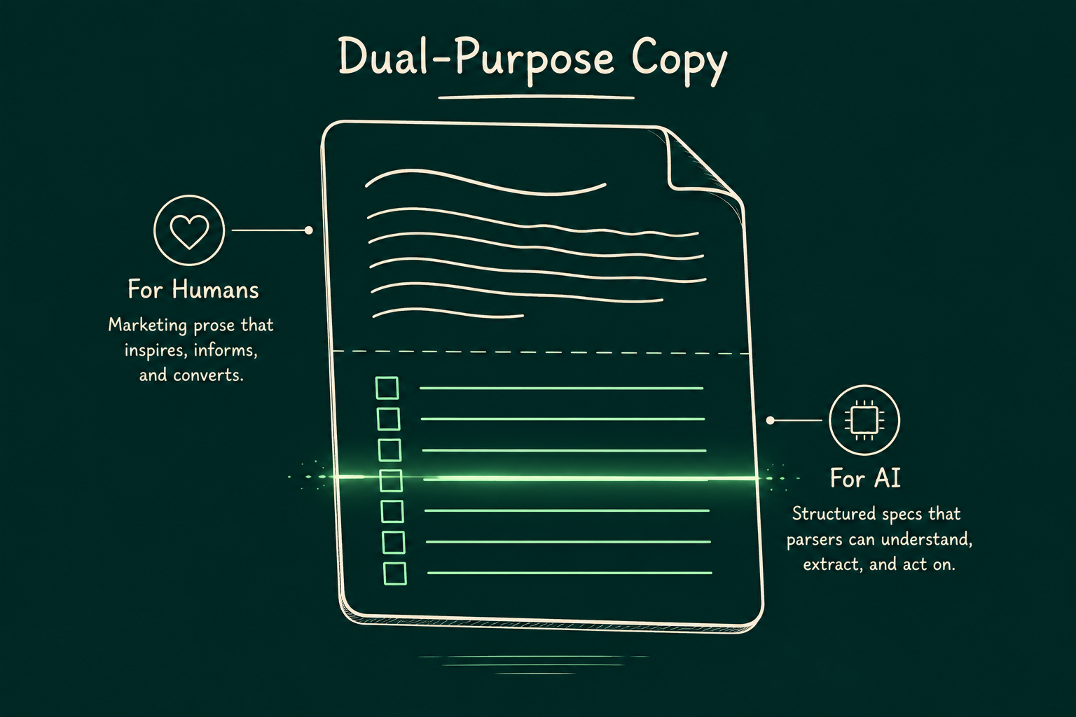 Illustration of a product content document split into marketing copy for human shoppers and structured specification data for AI parsers and commerce agents.