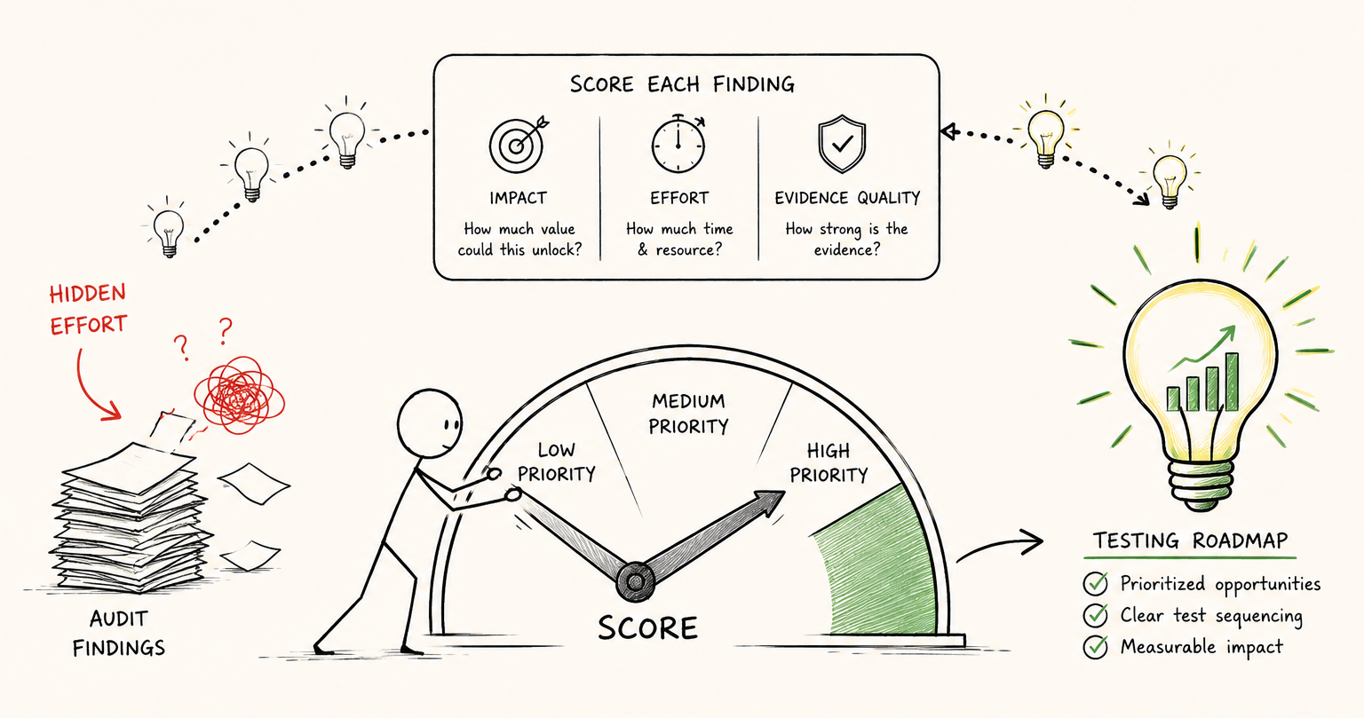 Illustration showing a CRO prioritization framework using impact, effort, and evidence quality to score audit findings and create a testing roadmap.