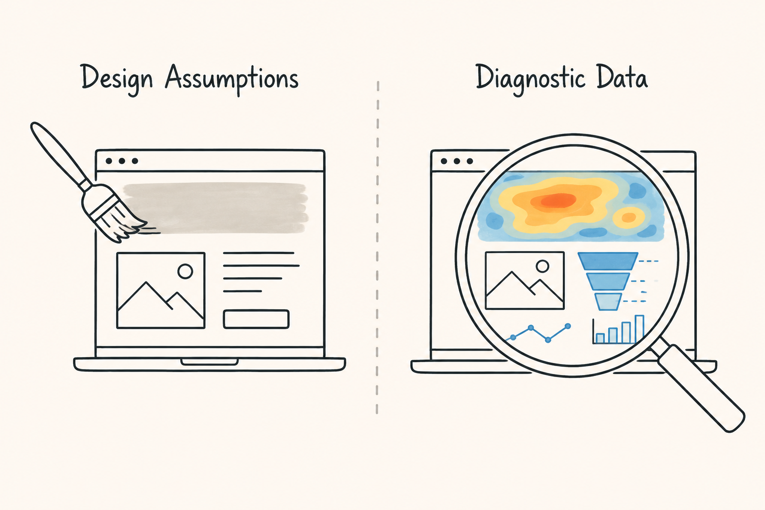 Illustration comparing design assumptions with diagnostic analytics such as heatmaps, funnels, and user behavior data for landing page optimization.