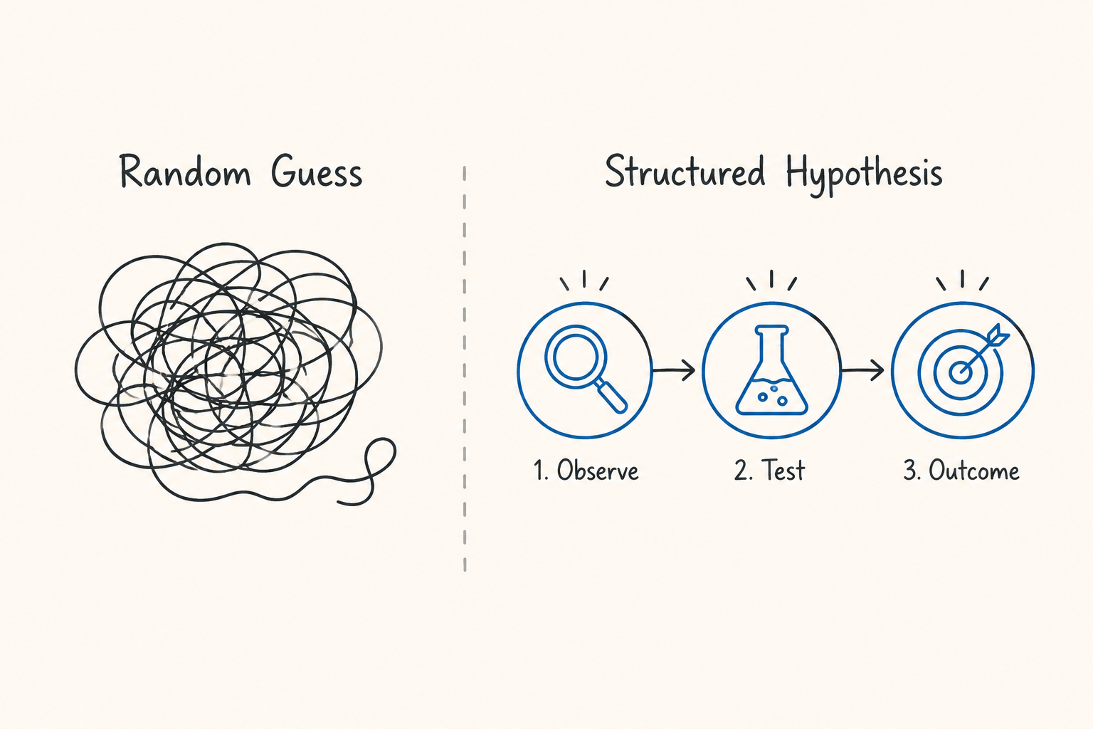Comparison between random website optimization guesses and a structured CRO hypothesis process involving observation, testing, and measurable outcomes.