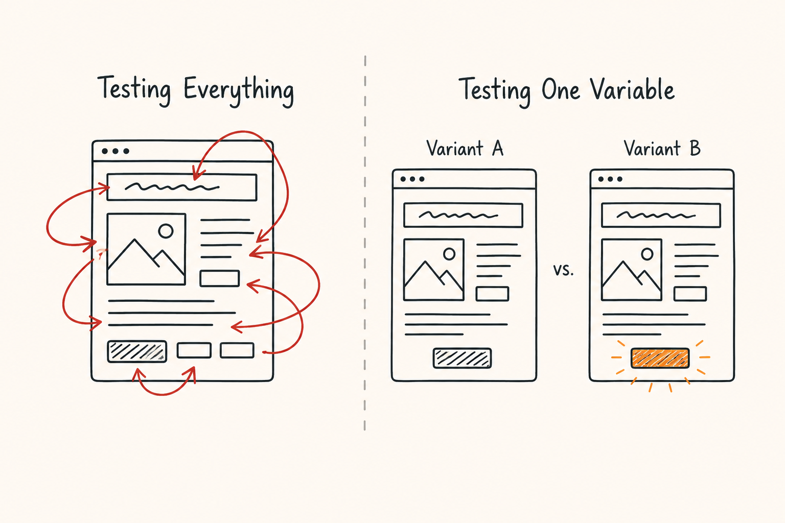 Comparison showing why testing a single landing page element produces more reliable A/B testing results than changing multiple elements simultaneously.