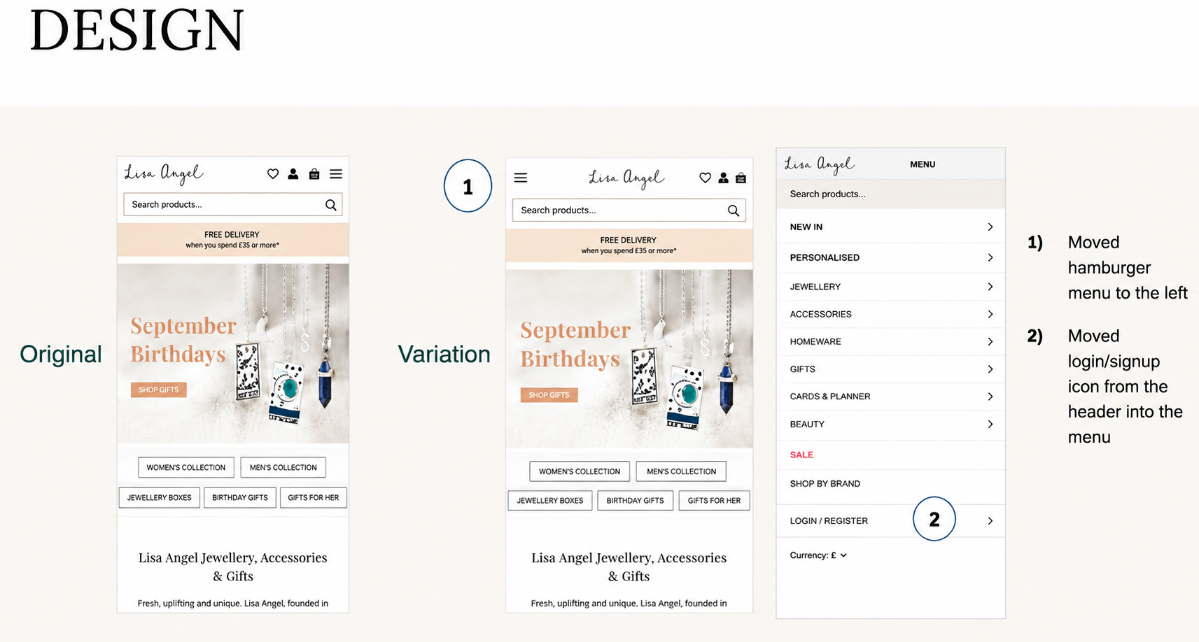 Lisa Angel mobile navigation redesign showing a repositioned hamburger menu and login option moved into the menu.