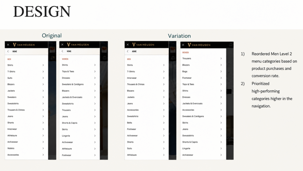 Comparison of the original and redesigned Van Heusen mobile navigation showing reordered Level 2 menu categories based on purchase behavior and conversion rate to improve navigation performance.