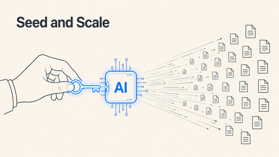 Seed-and-scale research workflow showing AI processing a large volume of qualitative research data