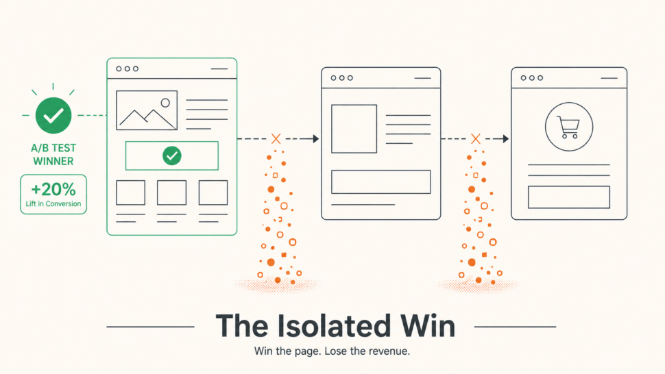 A/B test winner showing conversion uplift while downstream revenue leaks remain