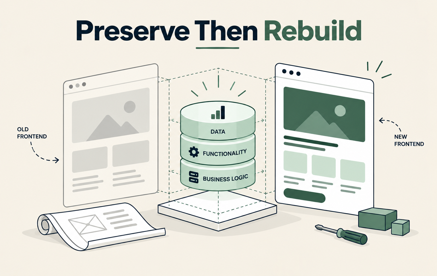 Illustration showing an old website frontend being replaced with a new frontend while preserving data, functionality, and business logic.