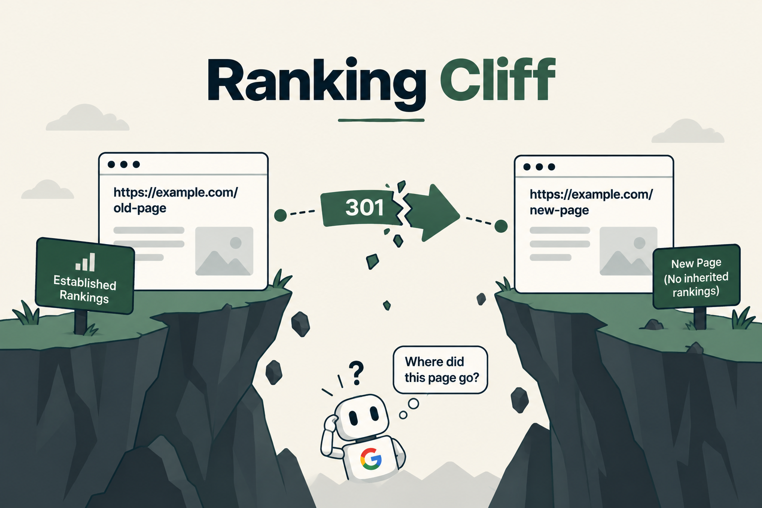 Illustration showing an established webpage losing its search rankings after a 301 redirect to a new page, with a gap between the old and new URLs.