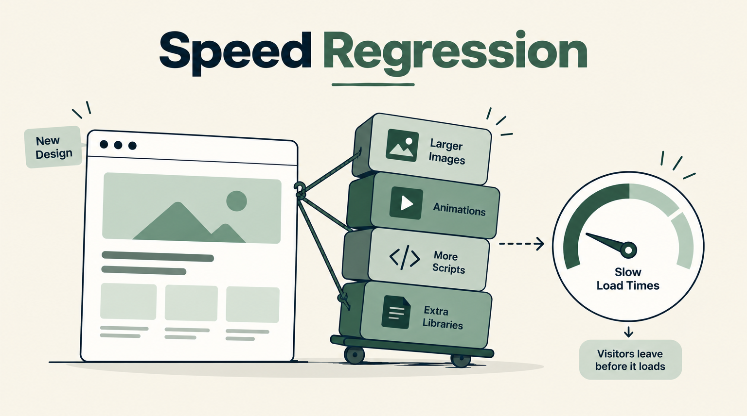 Illustration showing a redesigned webpage weighed down by larger images, animations, scripts, and extra libraries, resulting in slower load times.