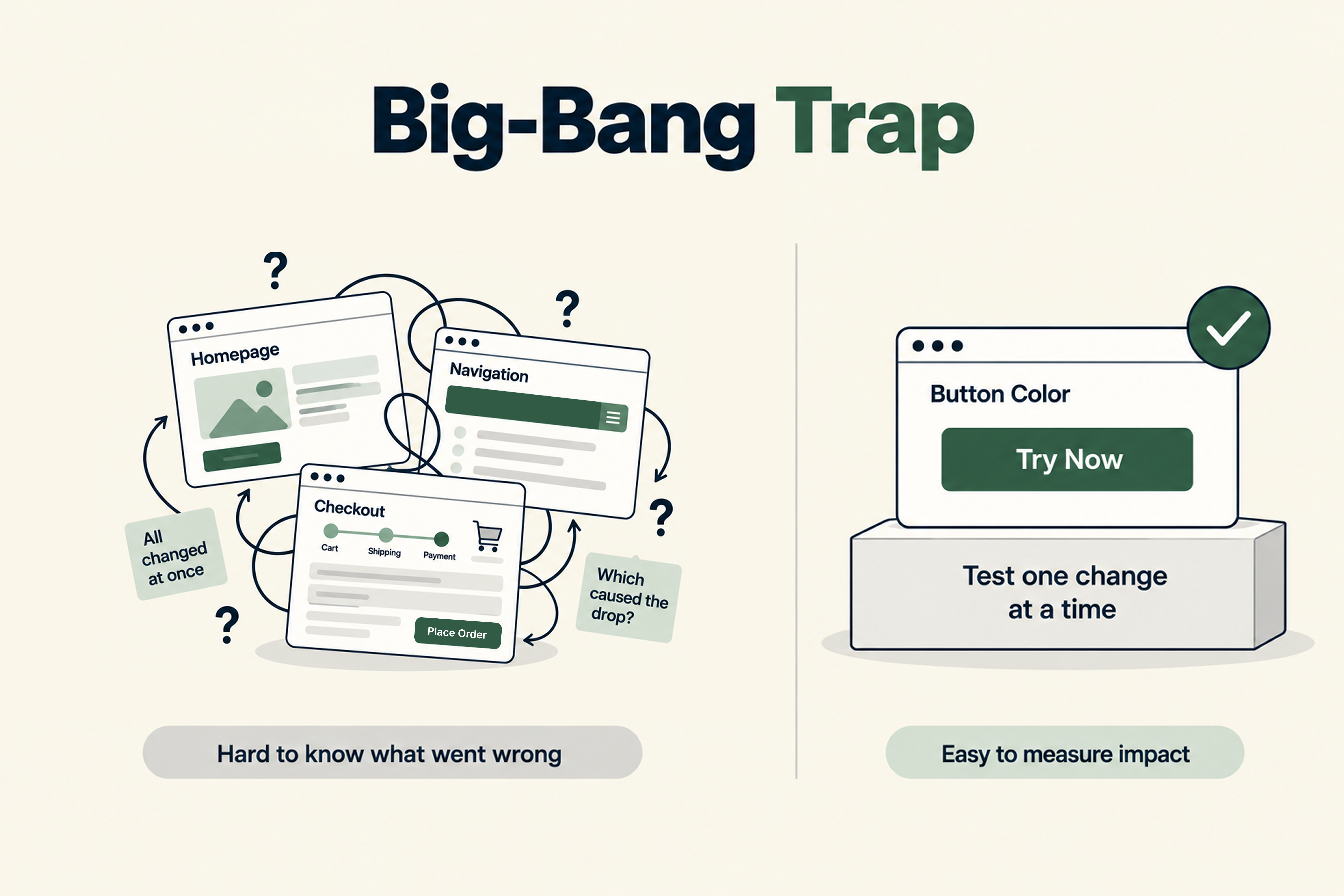 Illustration comparing a website where multiple pages are changed at once with a controlled approach that tests one change at a time to measure impact.