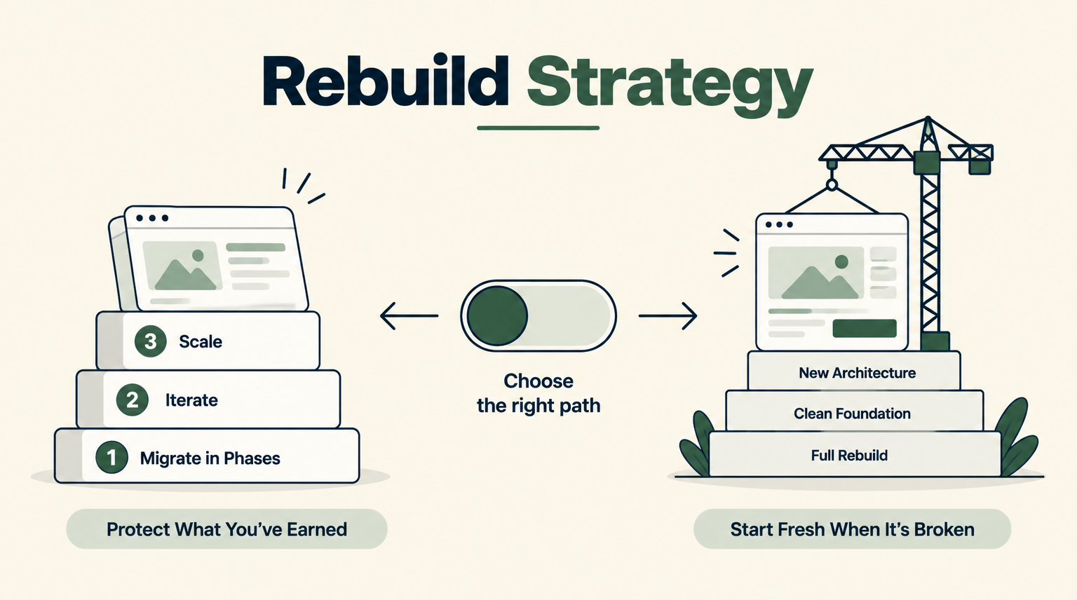 Illustration presenting three website rebuild approaches—migrate in phases, iterate, and scale—alongside a full rebuild with a clean foundation and new architecture.