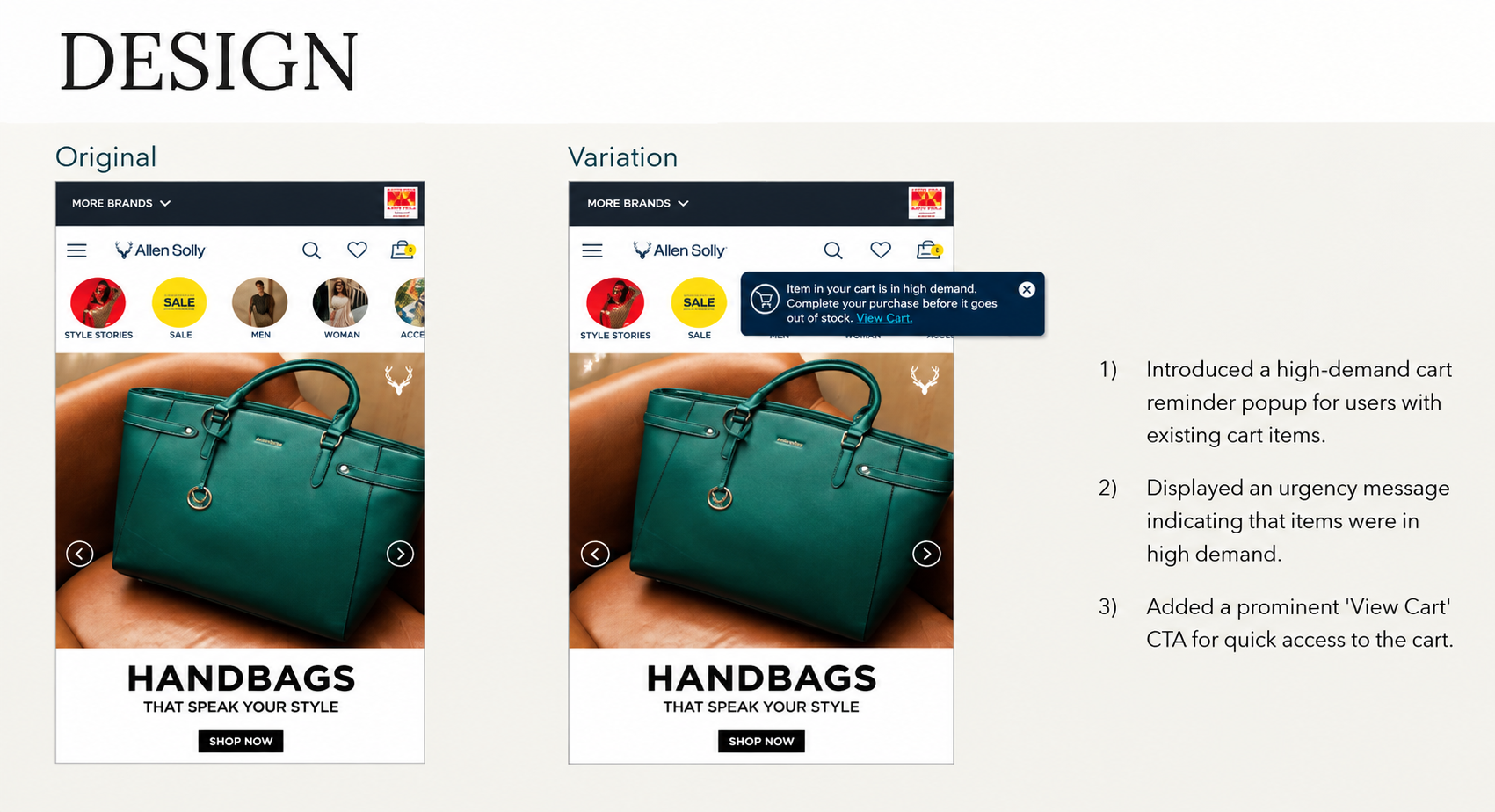 Allen Solly mobile website A/B test comparing the original design with a variation featuring a high-demand cart reminder popup, urgency messaging, and a prominent “View Cart” CTA to encourage purchase completion.