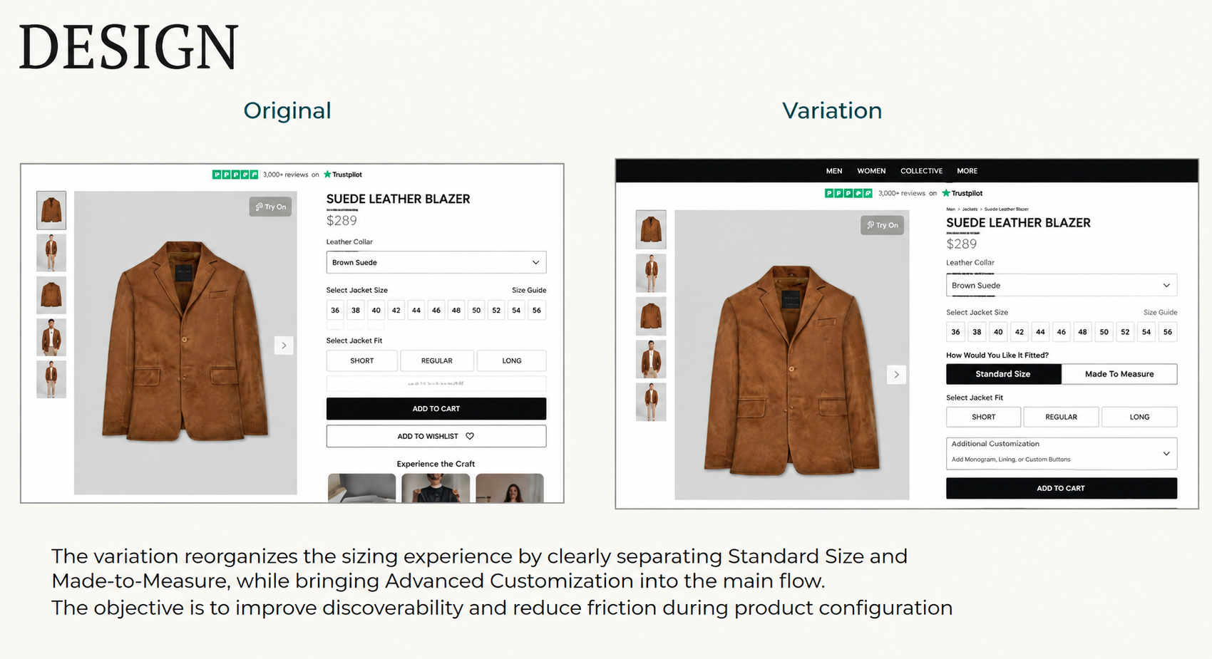 Leather Cult product page showing original and variation designs with improved sizing, made-to-measure options, and advanced customization for easier product configuration.
