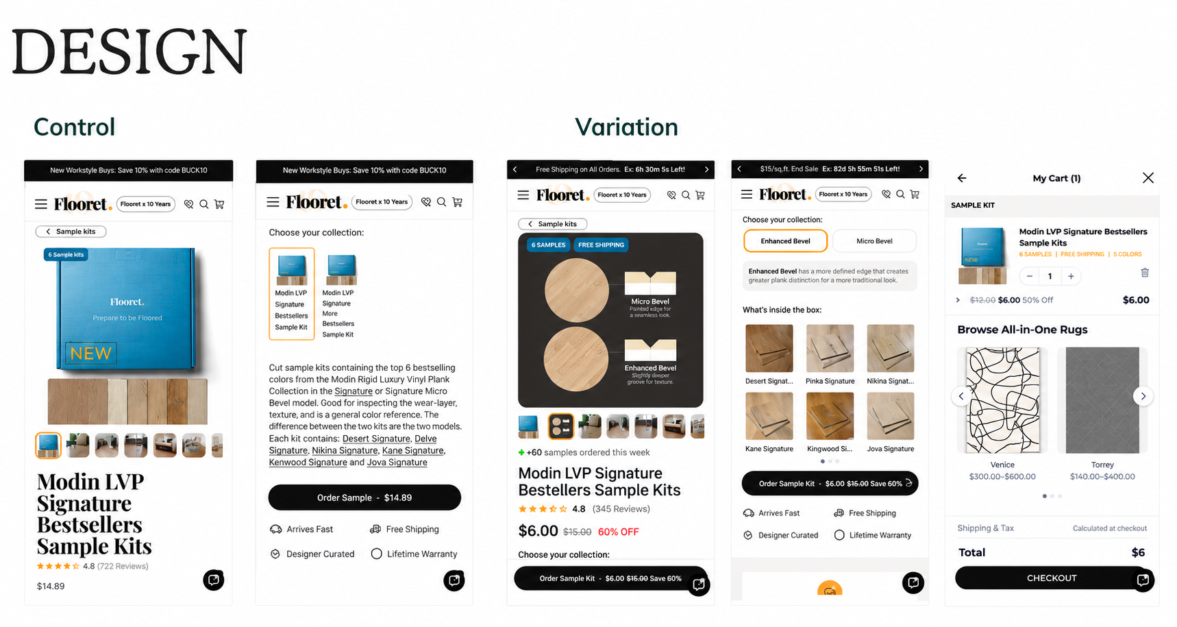 Side-by-side comparison of Flooret's original and redesigned mobile sample kit product detail page, showing improvements to product imagery, sample kit selection, pricing, and add-to-cart experience.