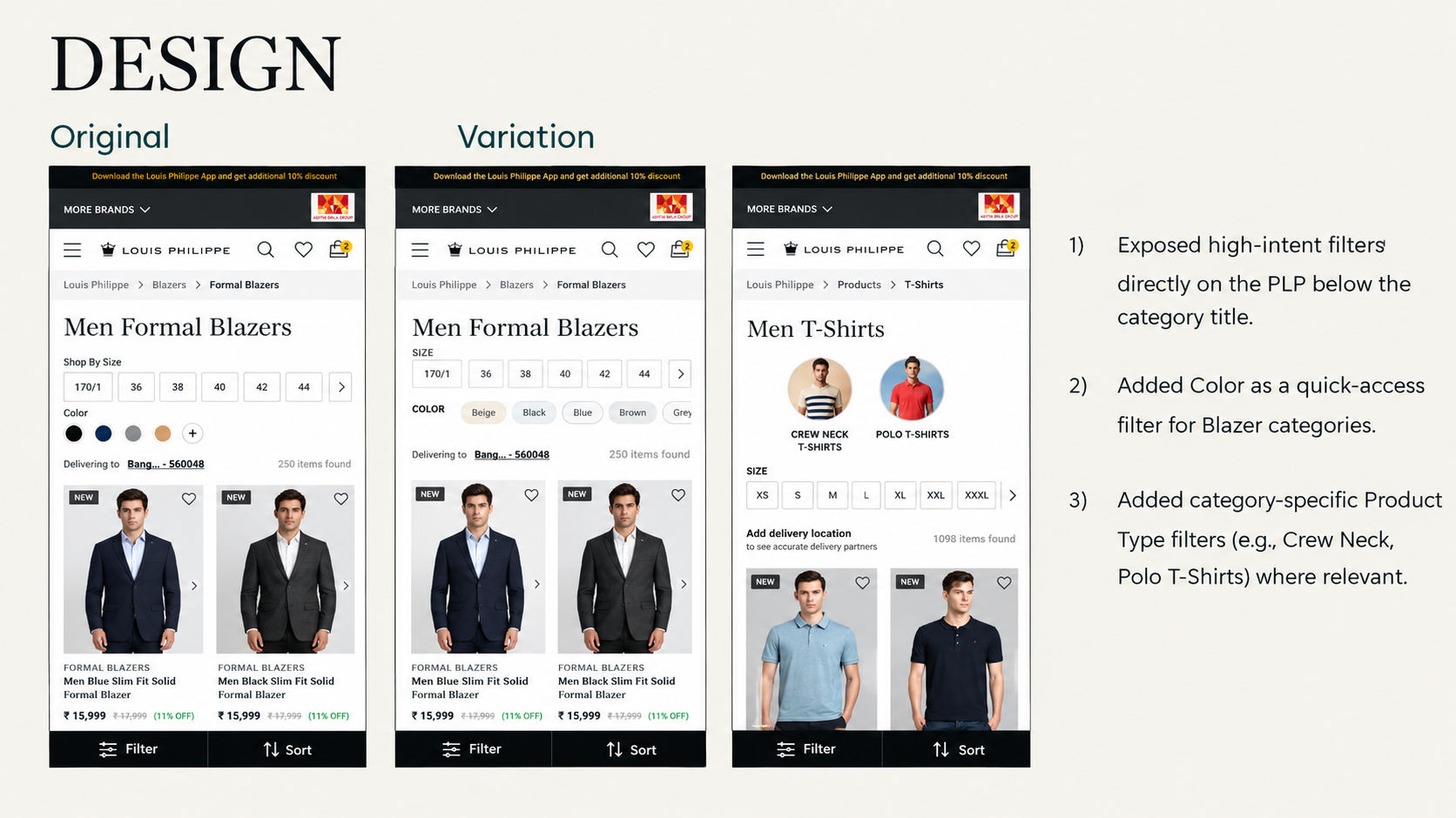 Louis Philippe A/B Test Design – Quick Filters & Product Listing Page Optimization